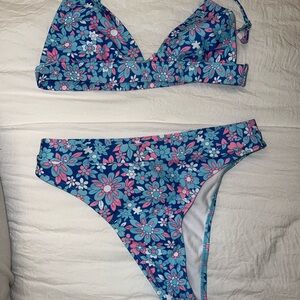 Floral Bikini Set in Blue and Pink